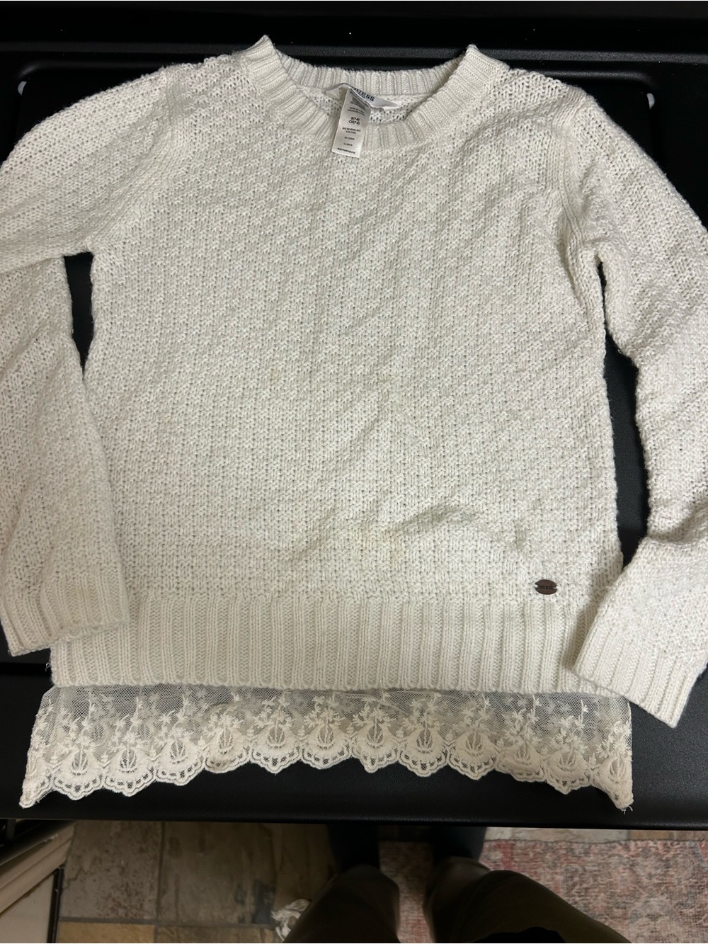 Guess Cream Lace-Hem Textured Knit Sweater